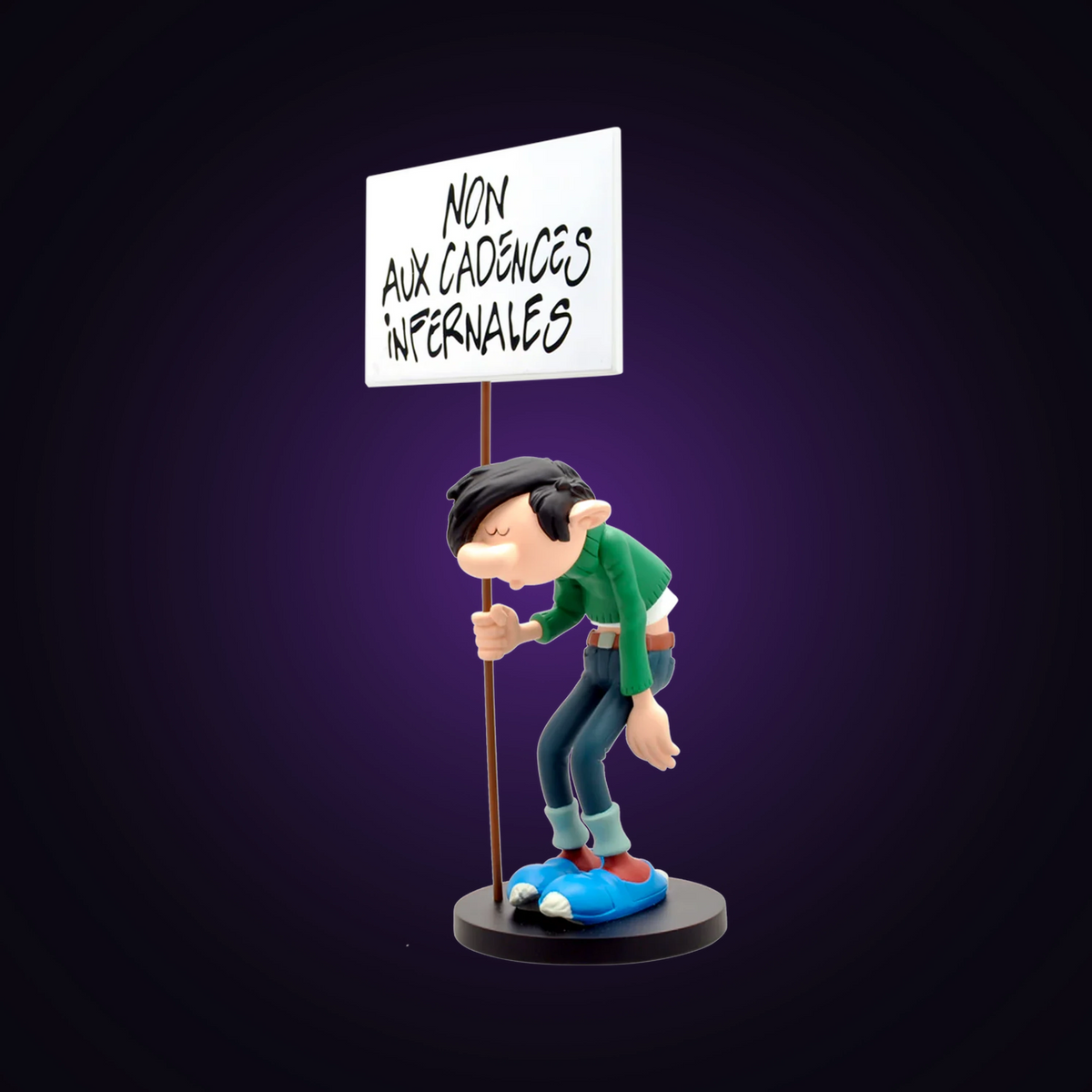 Figurine Gaston Lagaffe pancarte non aux cadences infernales