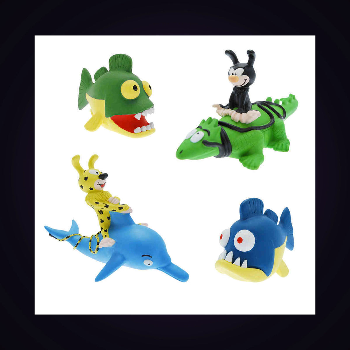 Jouets Bain Marsupilami sur dauphin, bébé noir sur iguane